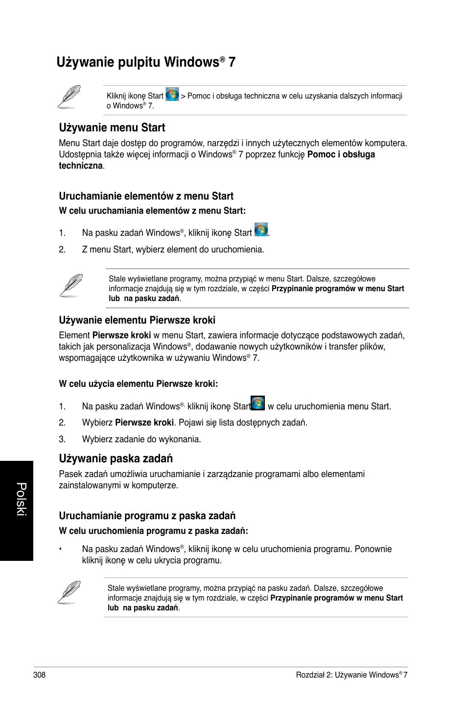 Używanie pulpitu windows® 7, Używanie pulpitu windows, Polski | Używanie menu start, Używanie paska zadań | Asus CG8270 User Manual | Page 310 / 362