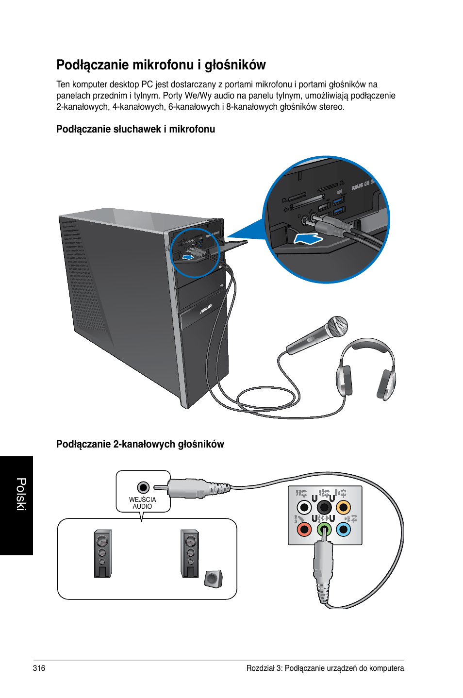 Podłączanie mikrofonu i głośników, Polski | Asus CG8270 User Manual | Page 318 / 362