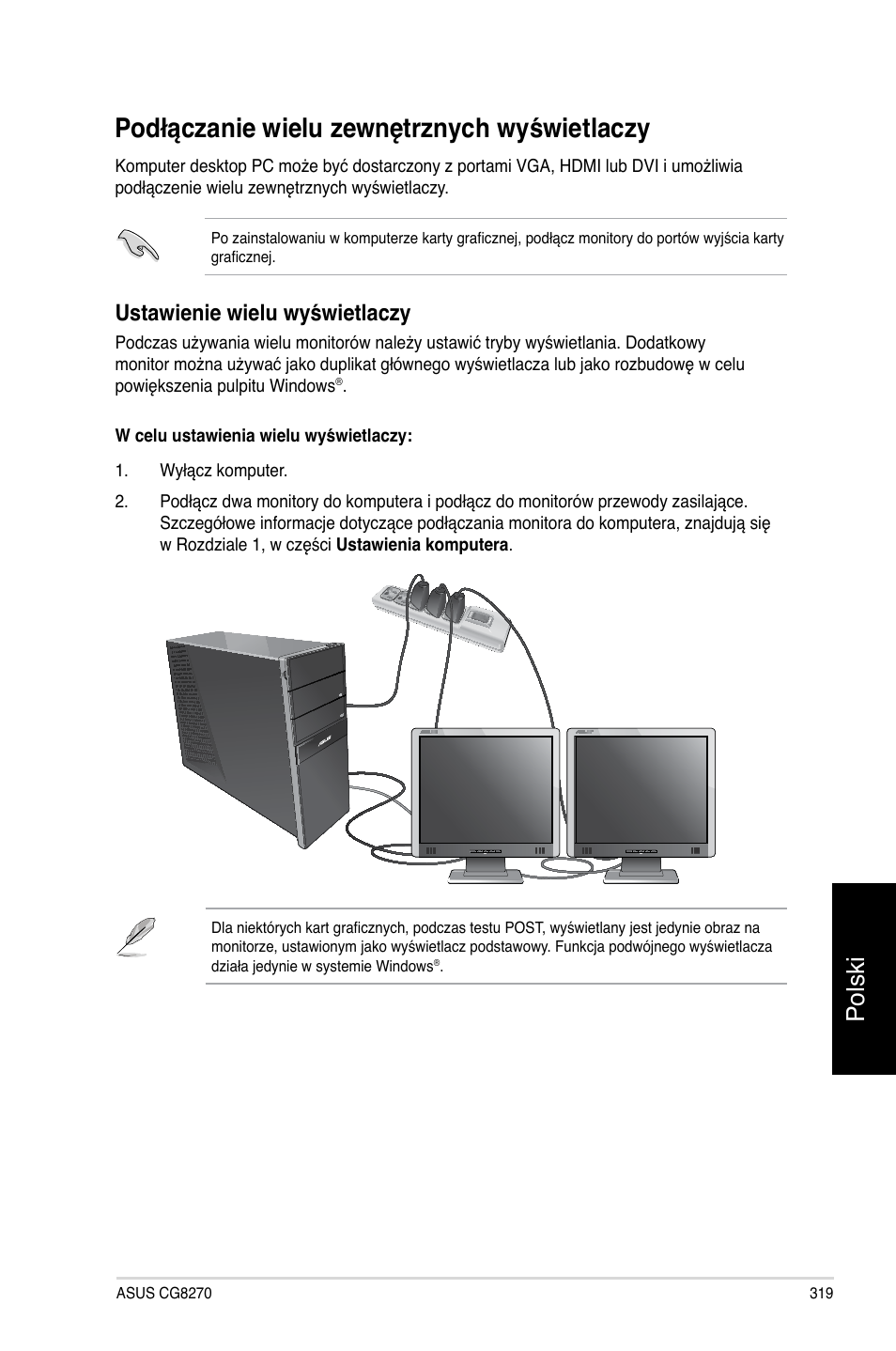 Podłączanie wielu zewnętrznych wyświetlaczy, Polski, Ustawienie wielu wyświetlaczy | Asus CG8270 User Manual | Page 321 / 362