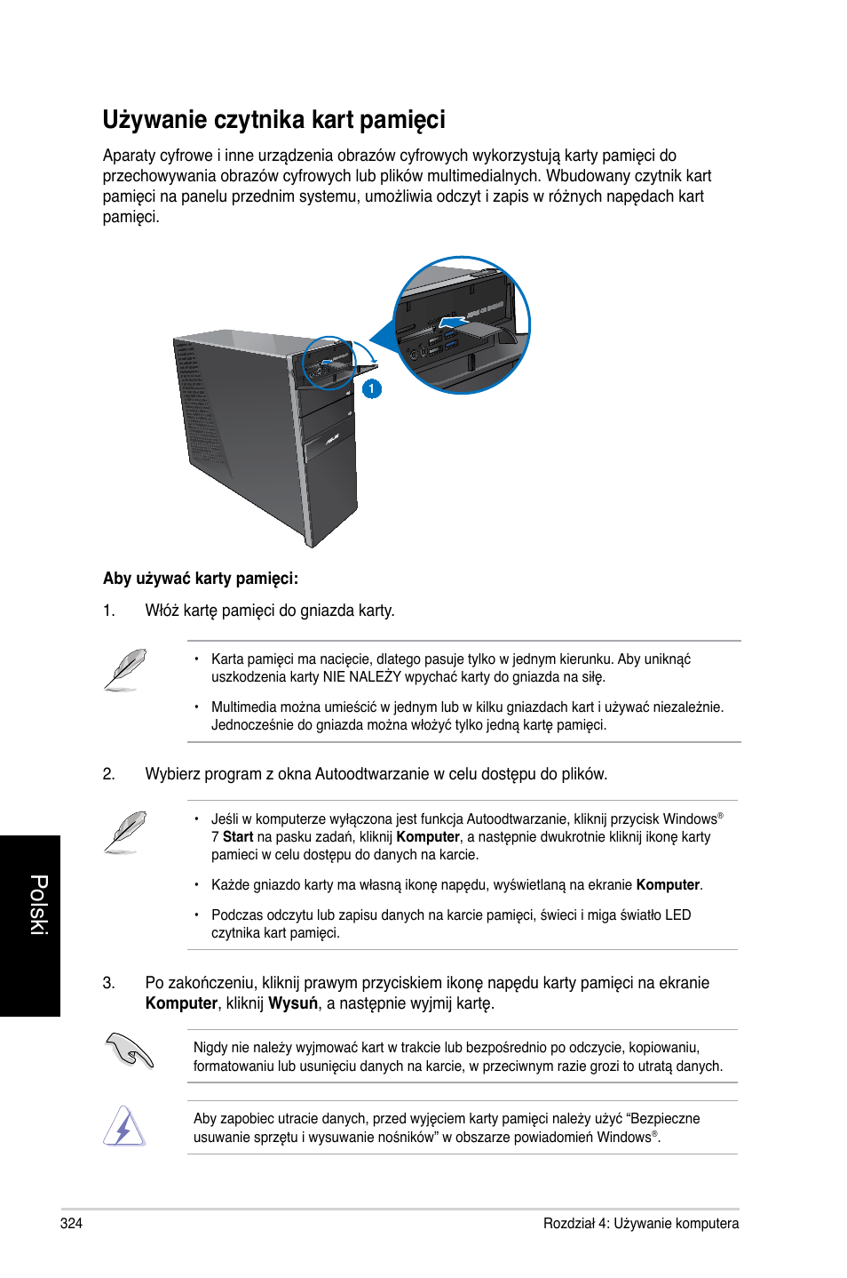 Używanie czytnika kart pamięci, Polski | Asus CG8270 User Manual | Page 326 / 362