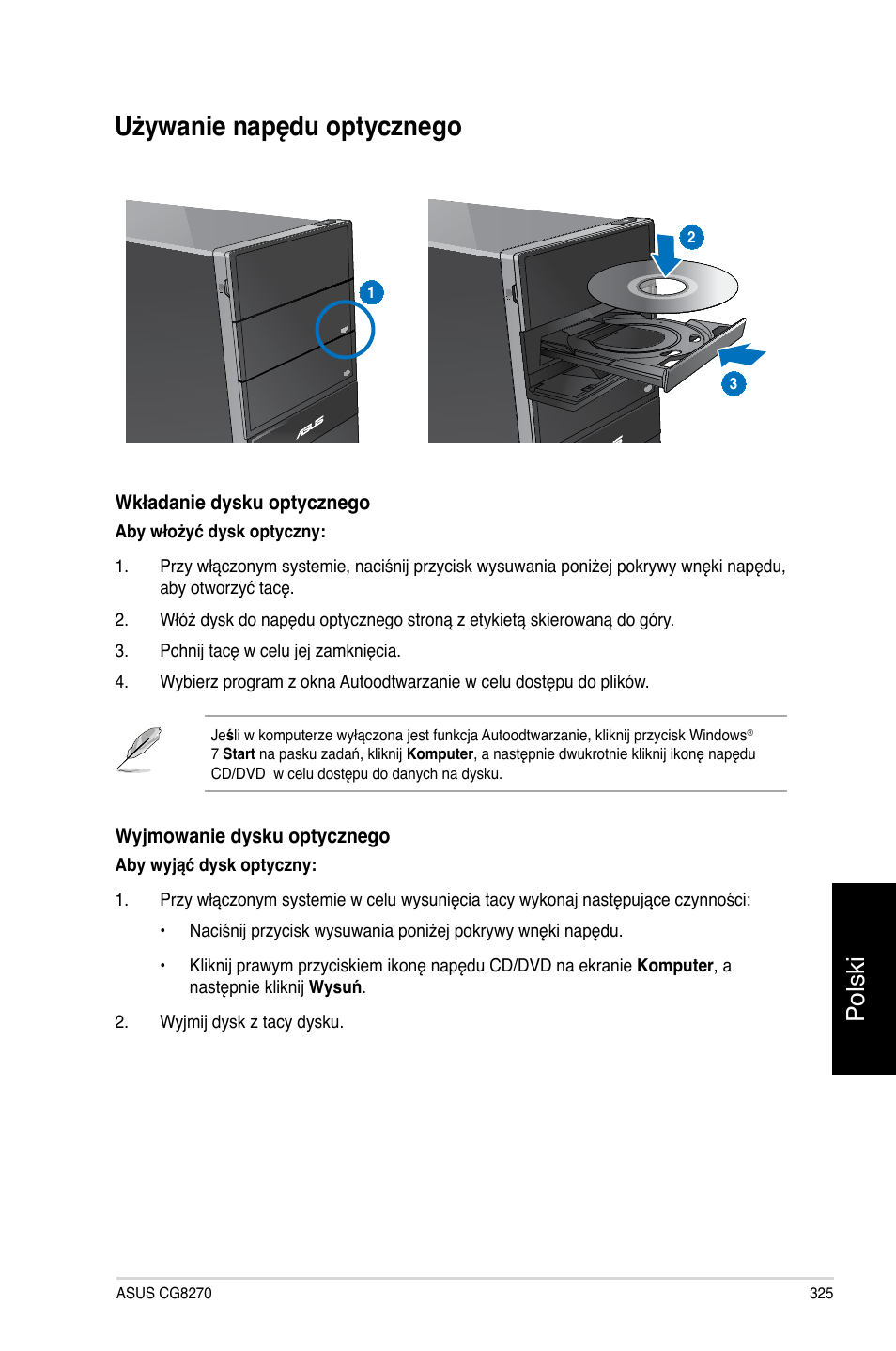 Używanie napędu optycznego, Polski | Asus CG8270 User Manual | Page 327 / 362