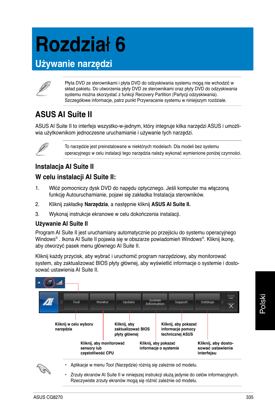 Rozdział 6, Używanie narzędzi, Asus ai suite ii | Rozdzia ł .6, Polski | Asus CG8270 User Manual | Page 337 / 362