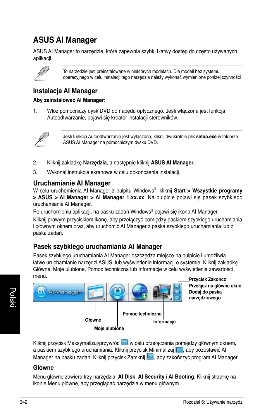 Asus ai manager, Polski, Instalacja ai manager | Uruchamianie ai manager, Pasek szybkiego uruchamiania ai manager | Asus CG8270 User Manual | Page 344 / 362