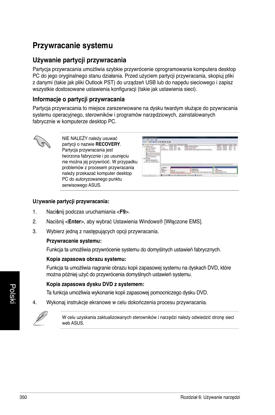 Przywracanie systemu, Polski, Używanie partycji przywracania | Asus CG8270 User Manual | Page 352 / 362