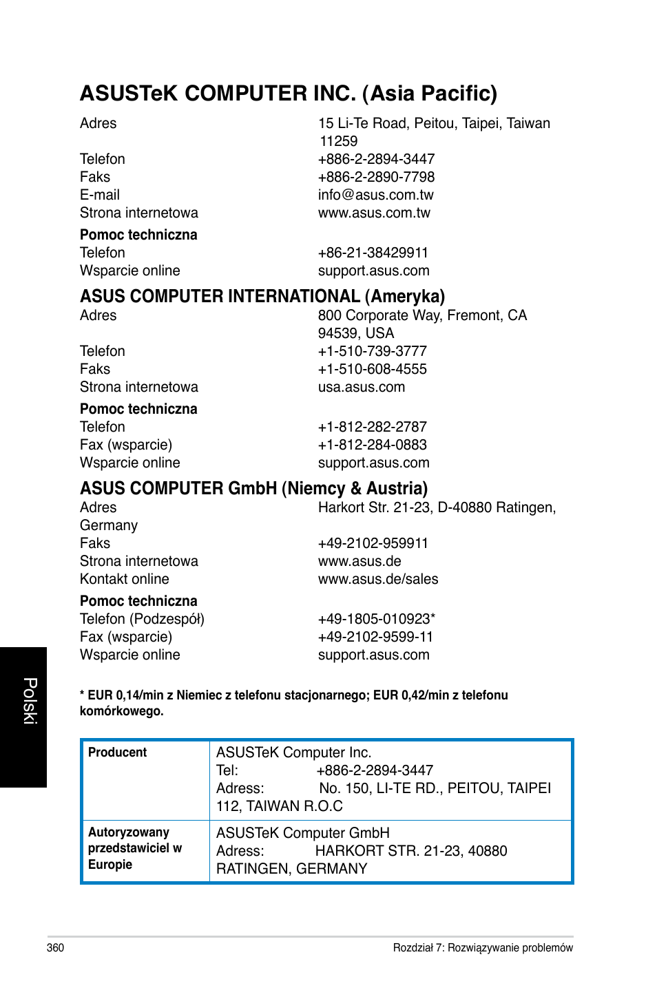 Asustek computer inc. (asia pacific), Polski, Asus computer international (ameryka) | Asus computer gmbh (niemcy & austria) | Asus CG8270 User Manual | Page 362 / 362