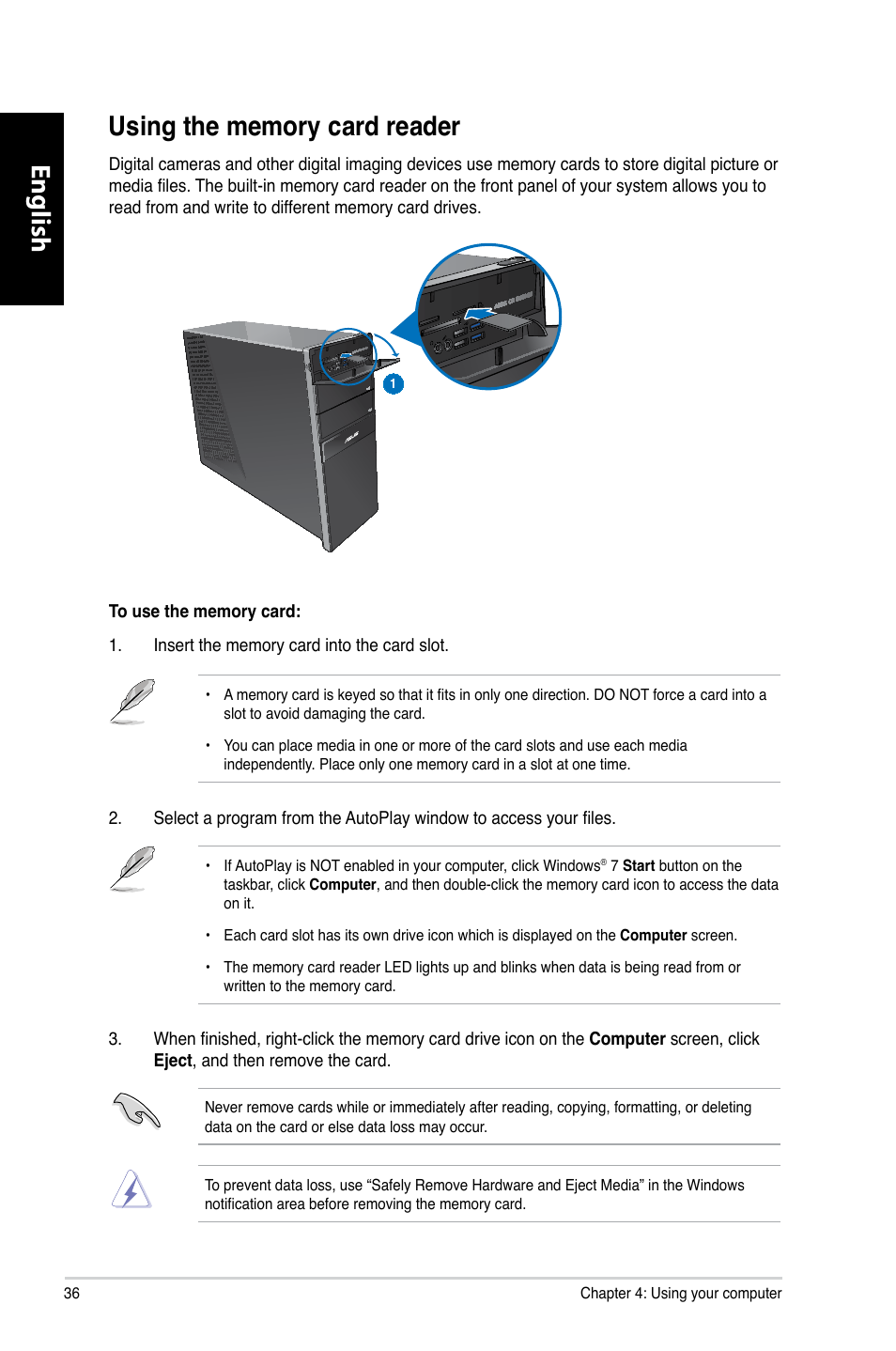 Using the memory card reader, English | Asus CG8270 User Manual | Page 38 / 362