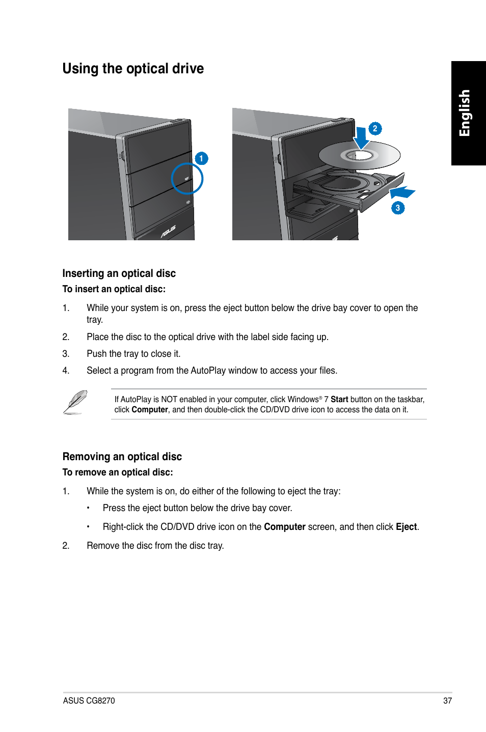 Using the optical drive, English, English using the optical drive | Asus CG8270 User Manual | Page 39 / 362