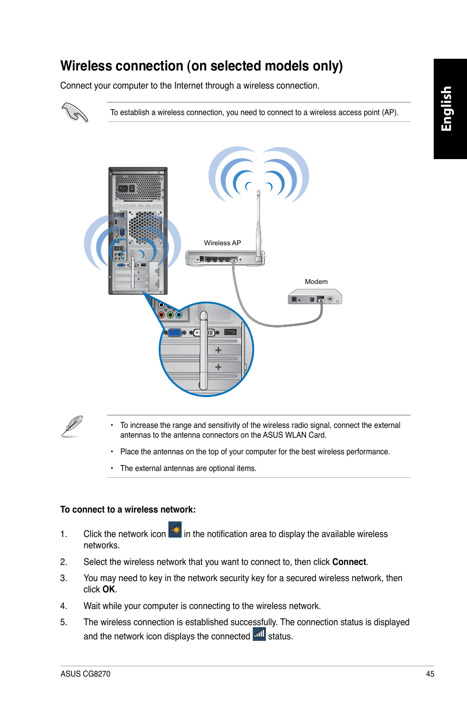 Wireless connection (on selected models only), English | Asus CG8270 User Manual | Page 47 / 362