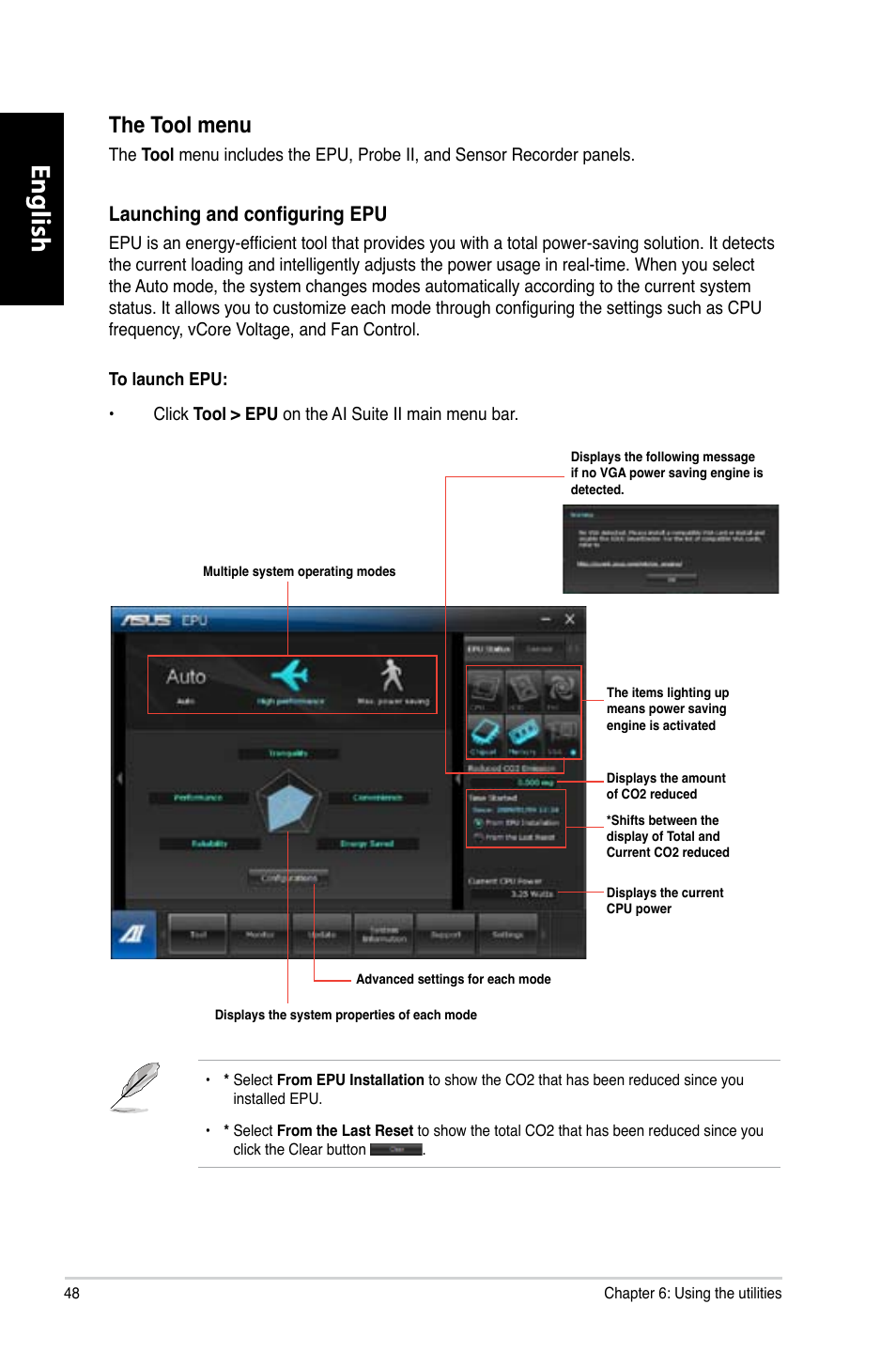 English, The tool menu, Launching and configuring epu | Asus CG8270 User Manual | Page 50 / 362