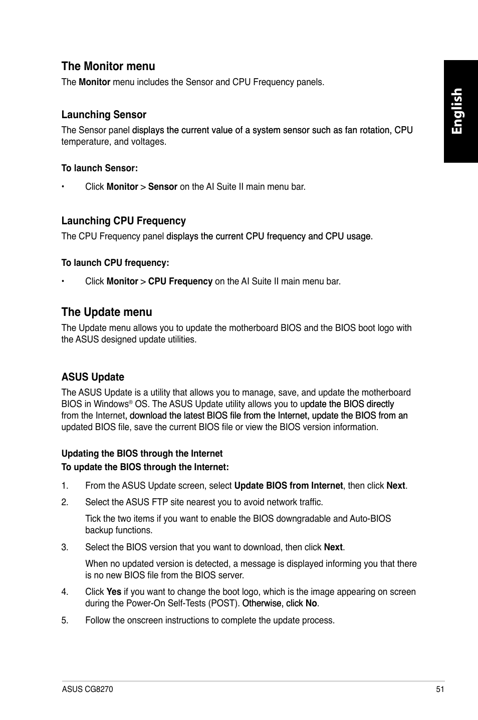 English, The monitor menu, The update menu | Asus CG8270 User Manual | Page 53 / 362