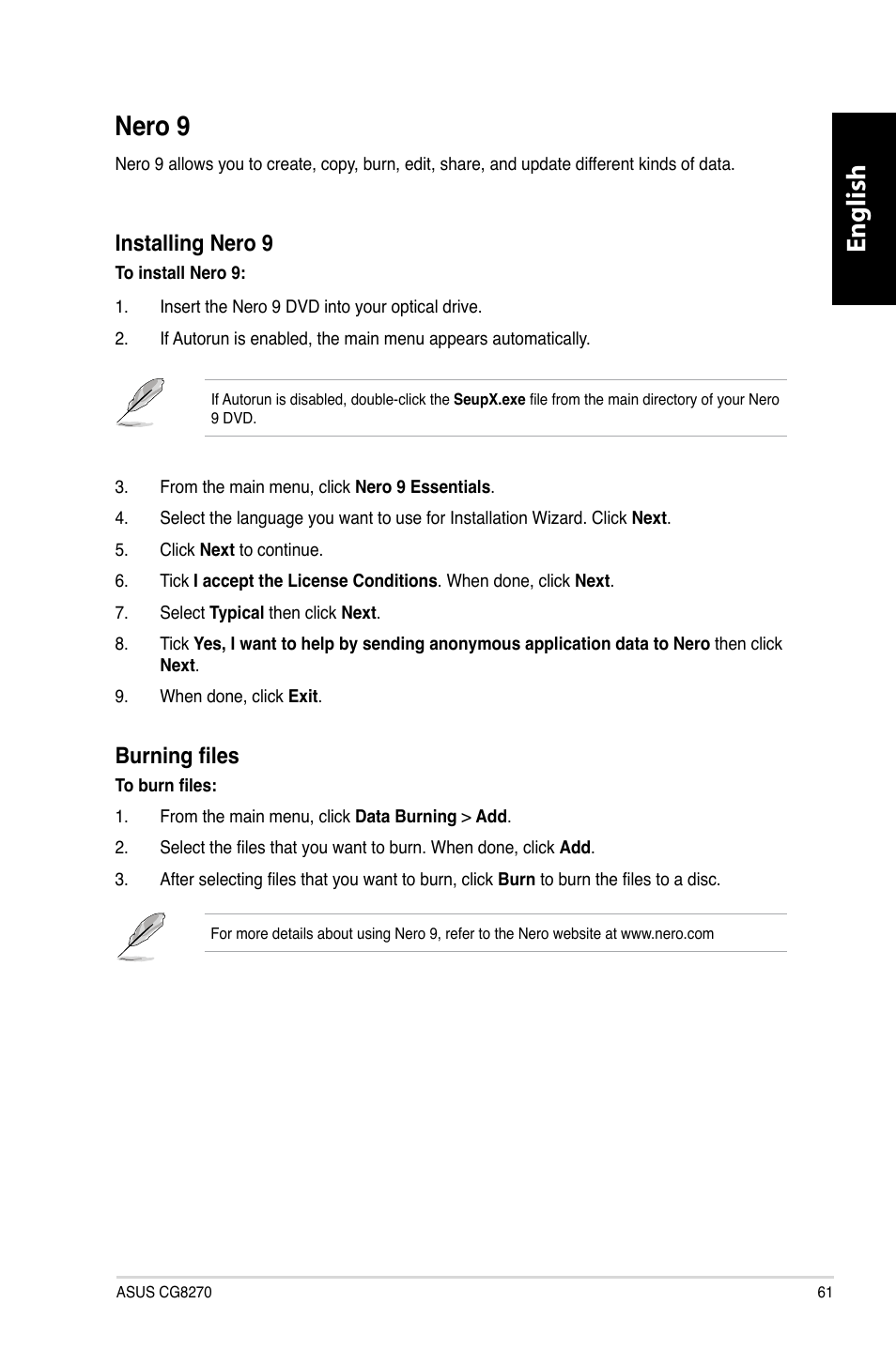 Nero 9, English, English nero 9 | Installing nero 9, Burning files | Asus CG8270 User Manual | Page 63 / 362