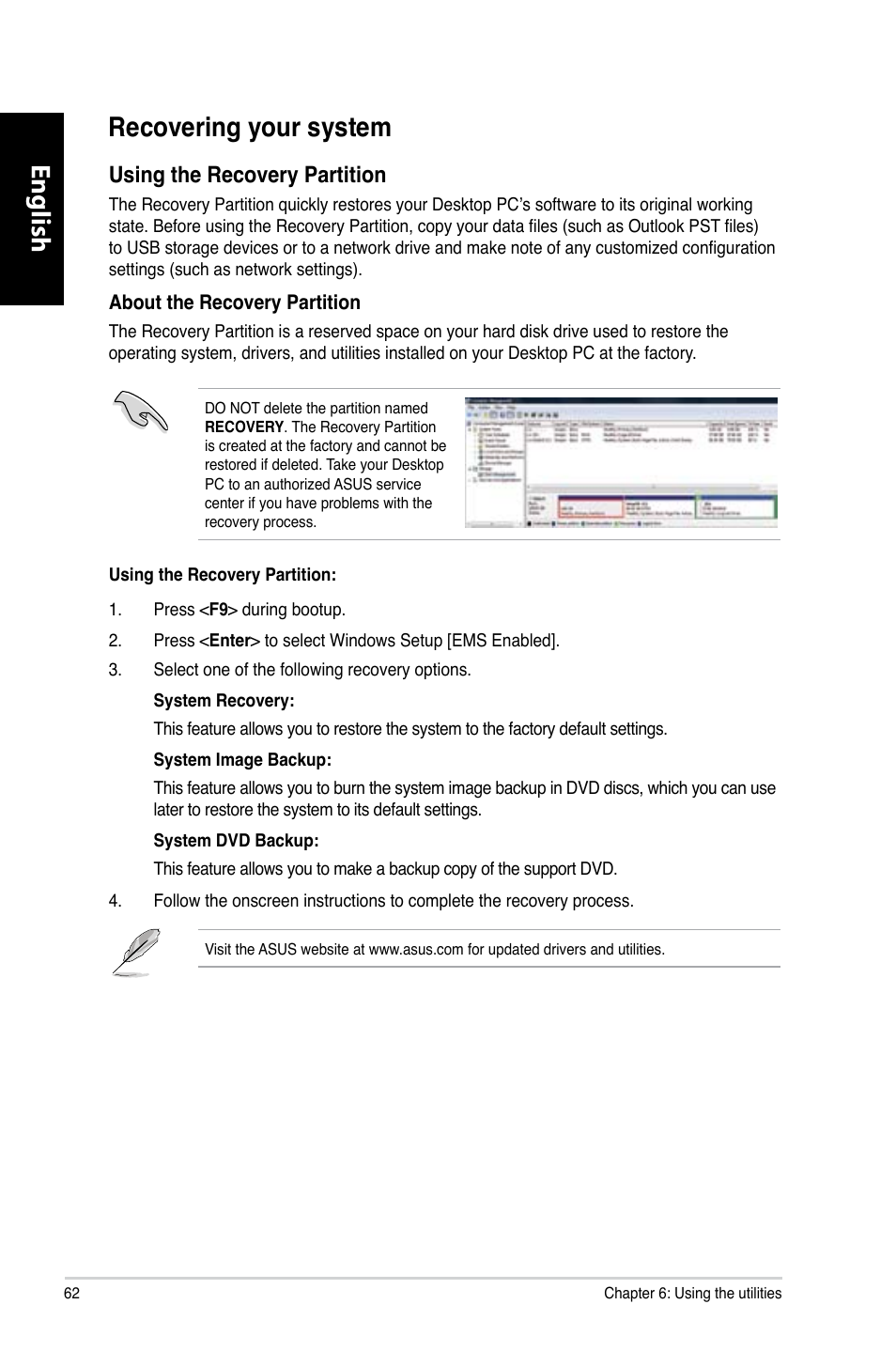 Recovering your system, English, English recovering your system | Using the recovery partition | Asus CG8270 User Manual | Page 64 / 362