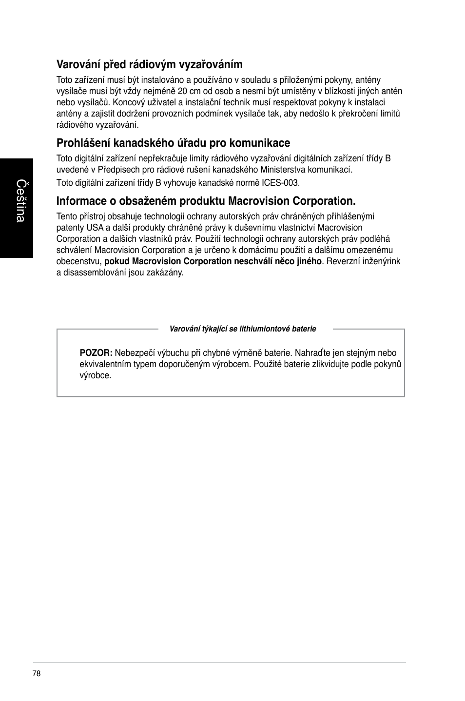 Čeština, Varování před rádiovým vyzařováním, Prohlášení kanadského úřadu pro komunikace | Asus CG8270 User Manual | Page 80 / 362