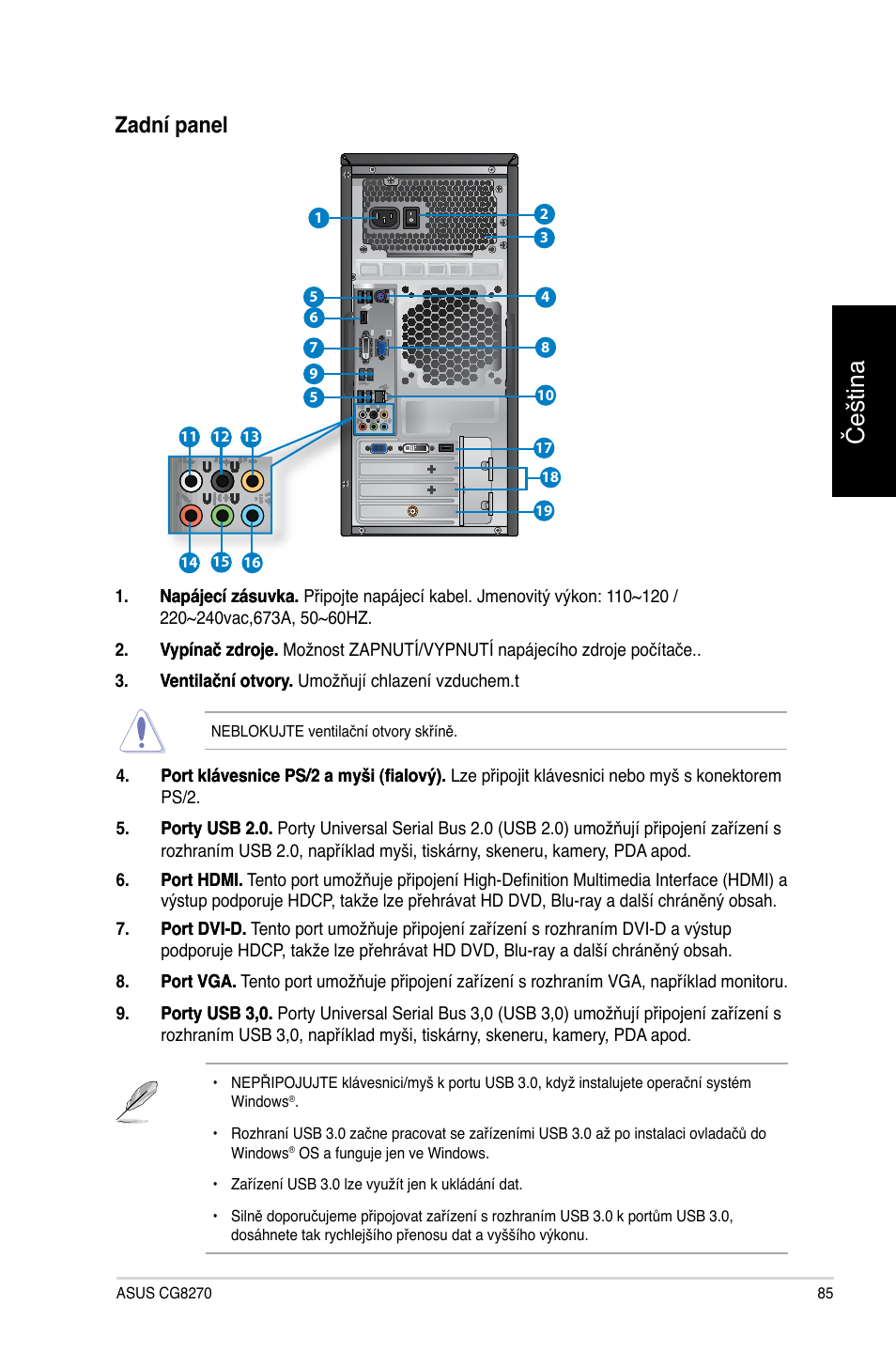 Čeština, Zadní panel | Asus CG8270 User Manual | Page 87 / 362