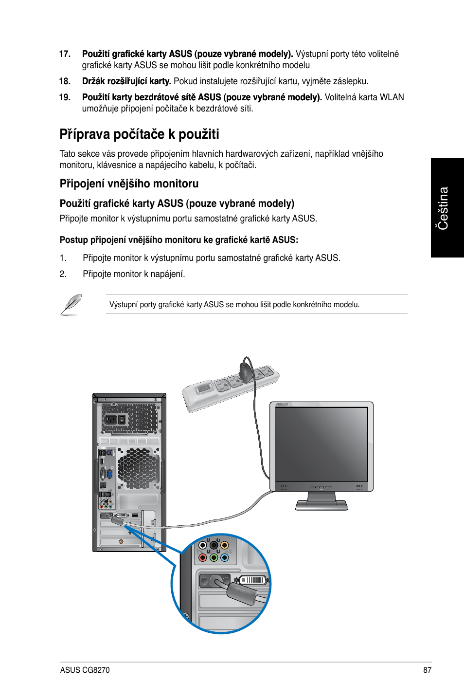 Příprava počítače k použiti, Čeština, Připojení vnějšího monitoru | Asus CG8270 User Manual | Page 89 / 362