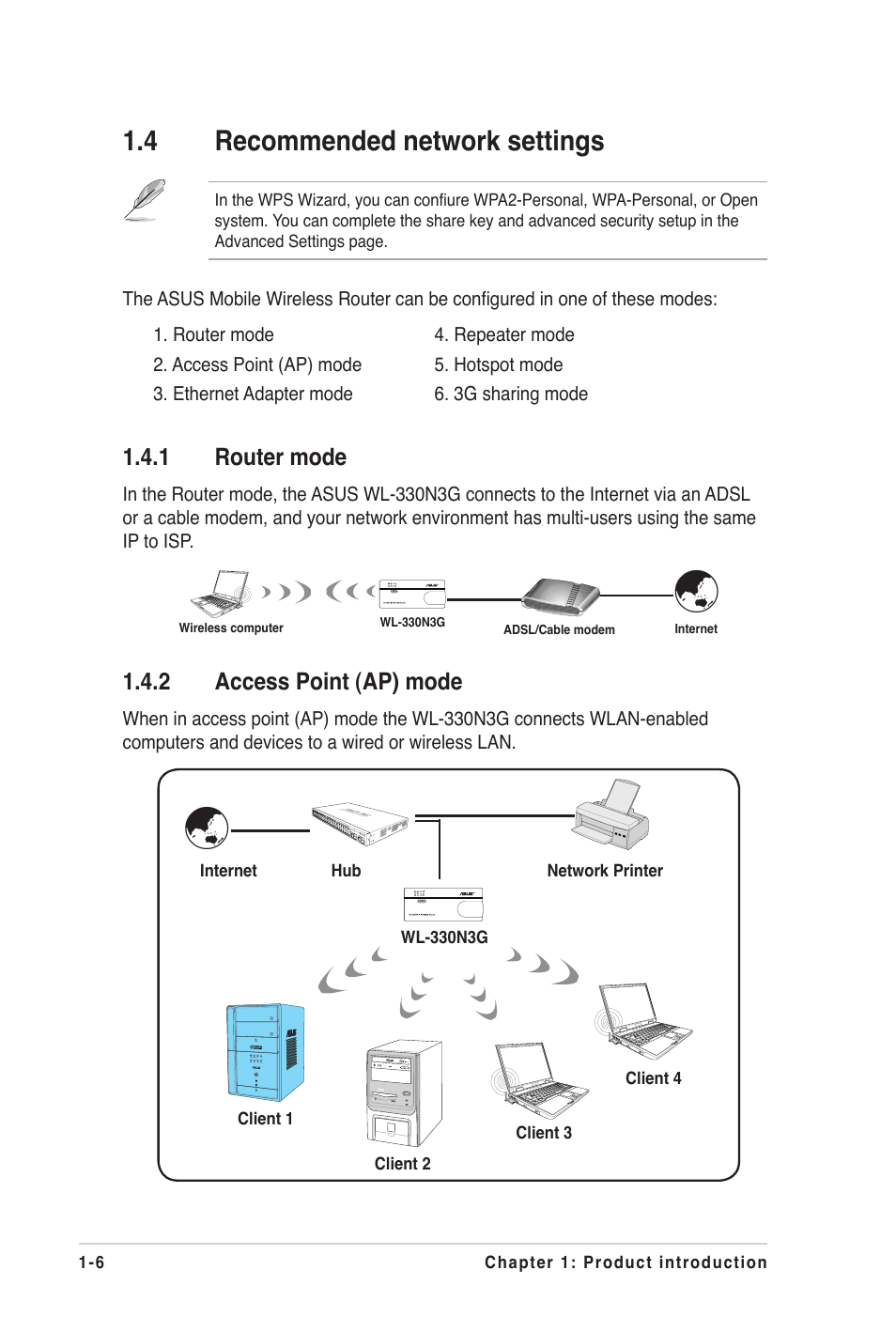 4 recommended network settings, 1 router mode, 2 access point (ap) mode | Recommended network settings -6 1.4.1, Router mode -6, Access point (ap) mode -6 | Asus WL-330N3G User Manual | Page 16 / 70