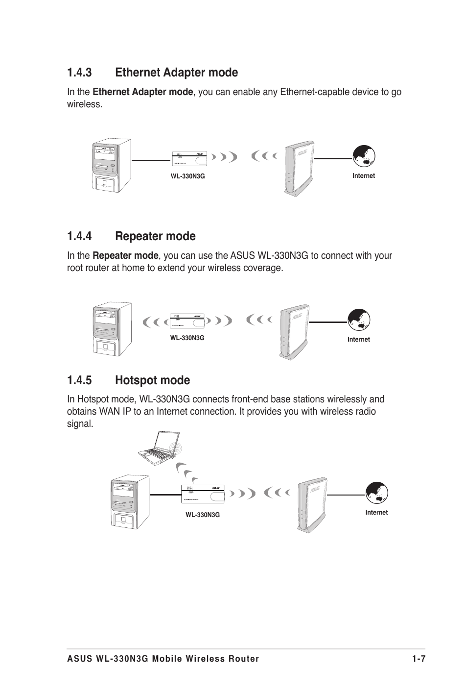 3 ethernet adapter mode, 4 repeater mode, 5 hotspot mode | Ethernet adapter mode -7, Repeater mode -7, Hotspot mode -7 | Asus WL-330N3G User Manual | Page 17 / 70