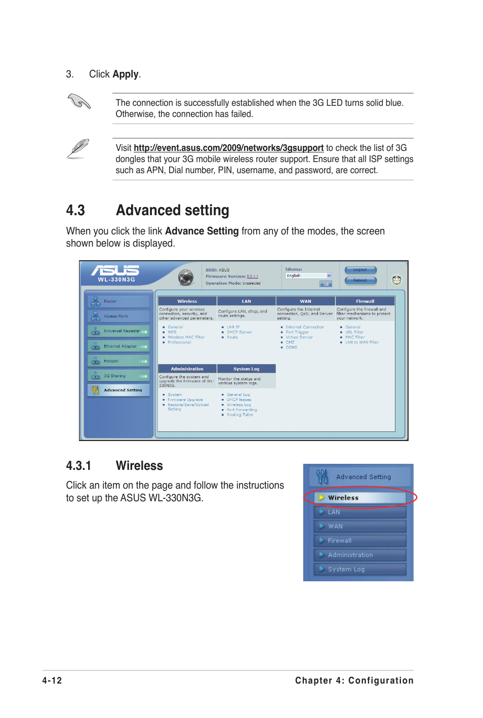 3 advanced setting, 1 wireless, Advanced setting -12 4.3.1 | Wireless -12 | Asus WL-330N3G User Manual | Page 38 / 70