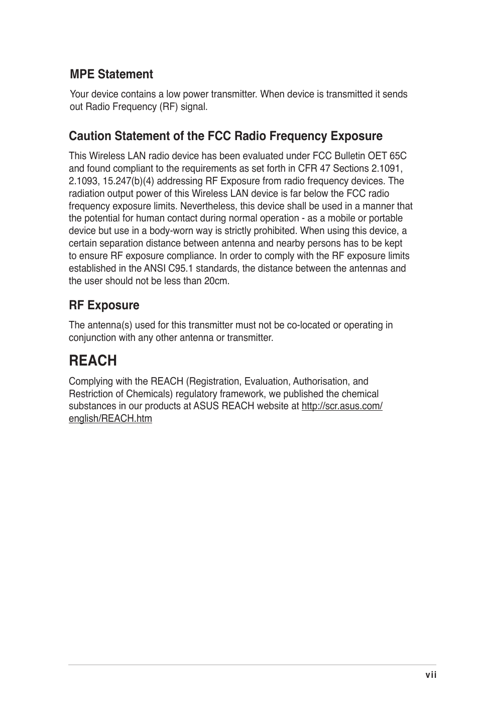 Reach, Mpe statement, Rf exposure | Asus WL-330N3G User Manual | Page 7 / 70