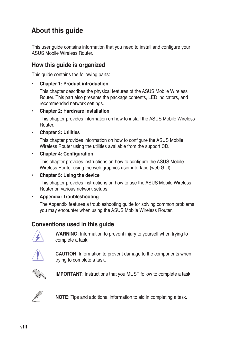 About this guide, How this guide is organized, Conventions used in this guide | Asus WL-330N3G User Manual | Page 8 / 70