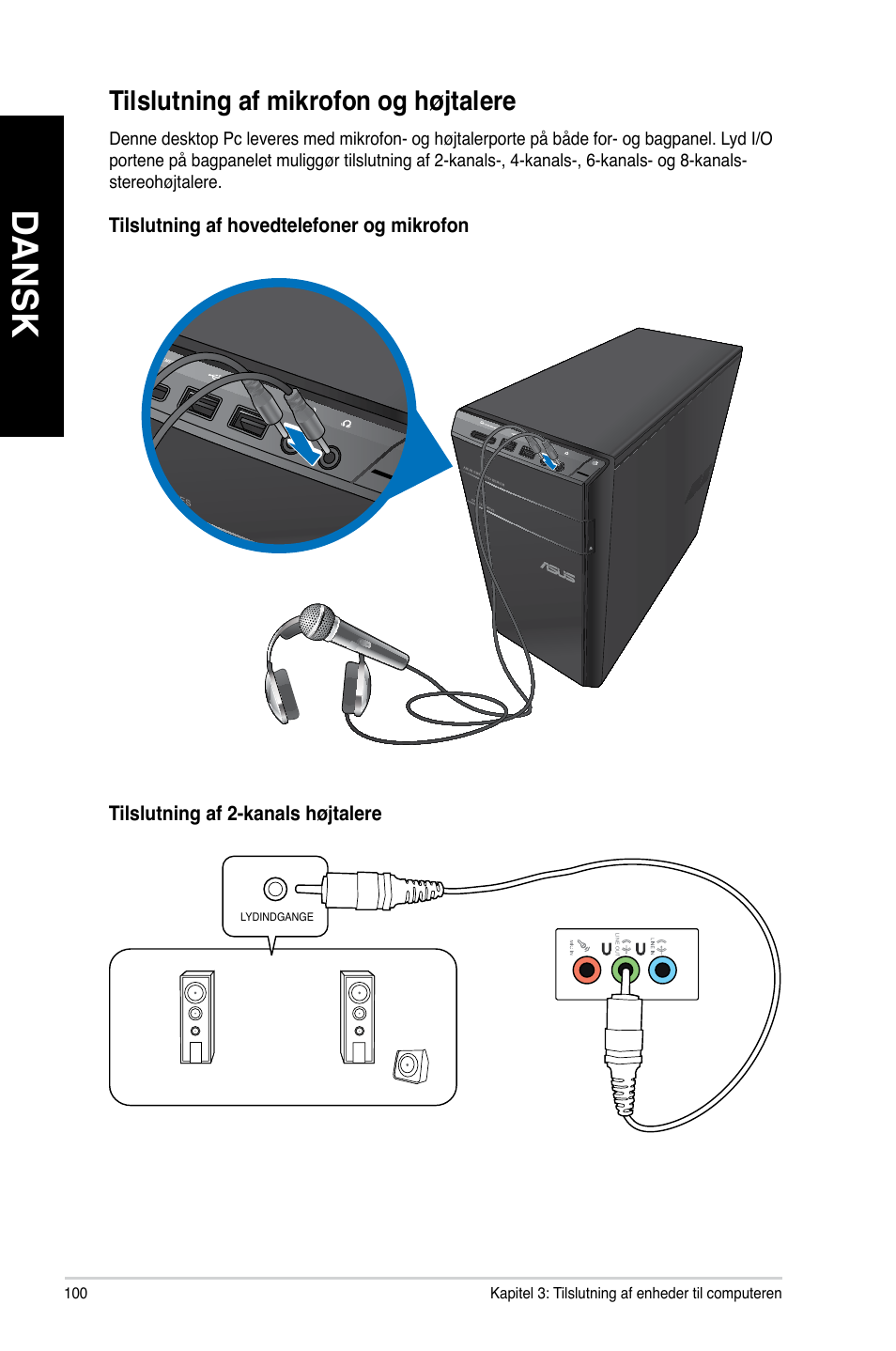 Tilslutning af mikrofon og højtalere, Dansk, Tilslutning.af.mikrofon.og.hø�talere | Asus CM6340 User Manual | Page 102 / 352