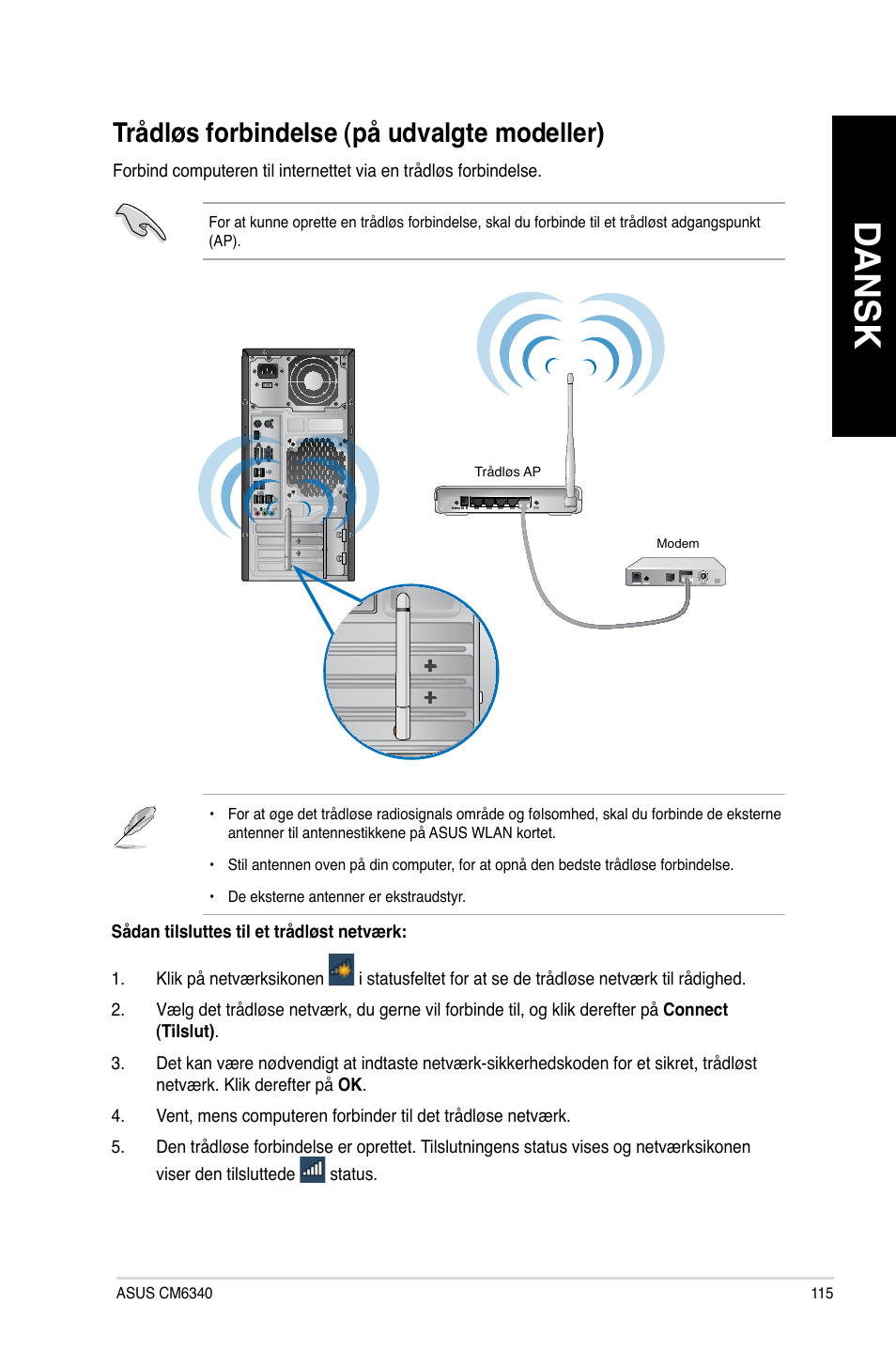 Trådløs forbindelse (på udvalgte modeller), Dansk, Trådløs.forbindelse.(på.udvalgte.modeller) | Asus CM6340 User Manual | Page 117 / 352