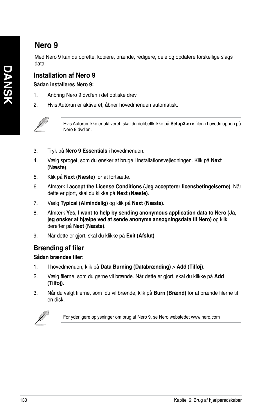 Nero 9, Dansk, Nero.9 | Asus CM6340 User Manual | Page 132 / 352