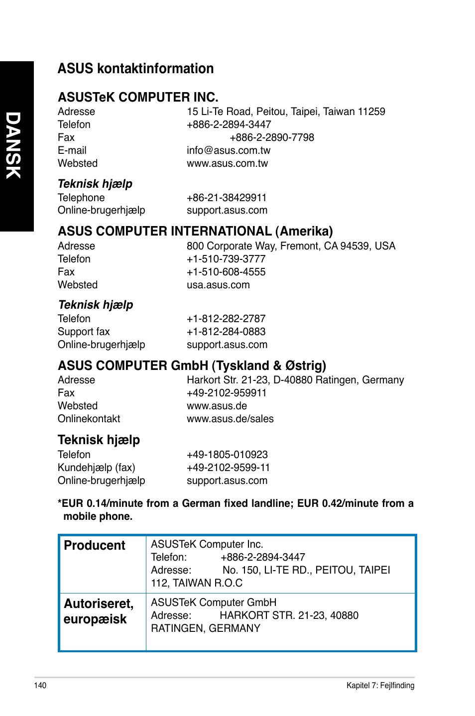 Asus kontaktinformation, Suomi, Dansk | Asus.kontaktinformation, Teknisk.h�ælp, Producent, Autoriseret,. europæisk | Asus CM6340 User Manual | Page 142 / 352