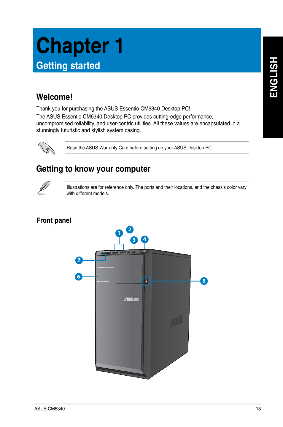 Chapter 1, Getting started, Welcome | Getting to know your computer, Chapter.1, Getting.started, Welcome! getting to know your computer, En gl is h en gl is h | Asus CM6340 User Manual | Page 15 / 352