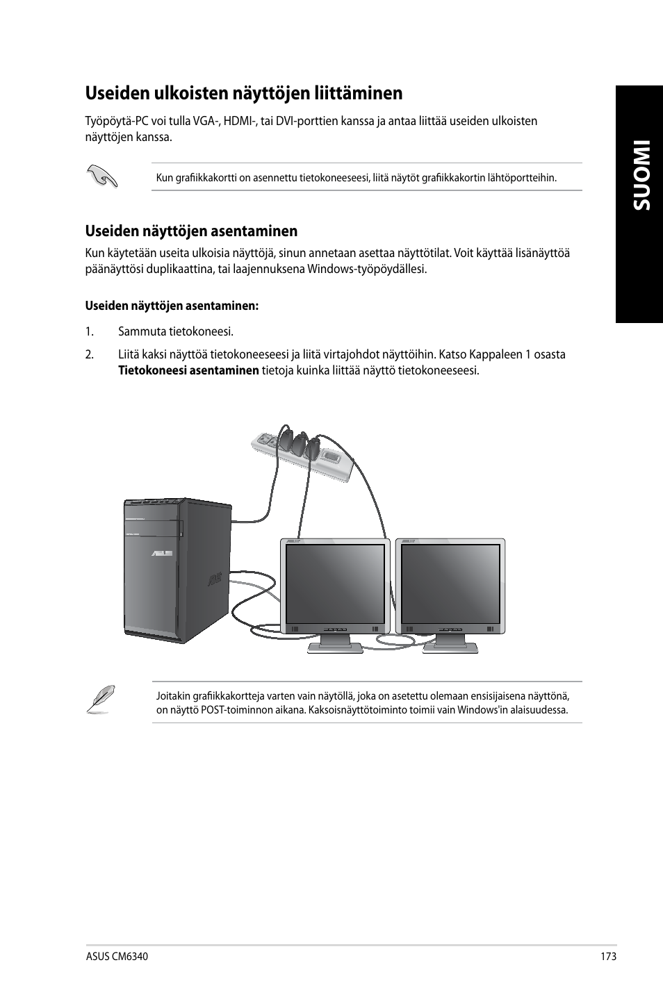 Useiden ulkoisten näyttöjen liittäminen, Suomi | Asus CM6340 User Manual | Page 175 / 352