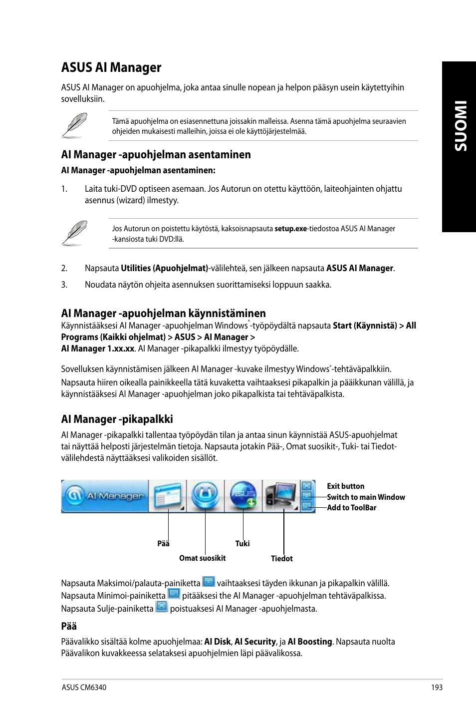 Asus ai manager, Suomi, Ai manager -apuohjelman asentaminen | Ai manager -apuohjelman käynnistäminen, Ai manager -pikapalkki | Asus CM6340 User Manual | Page 195 / 352