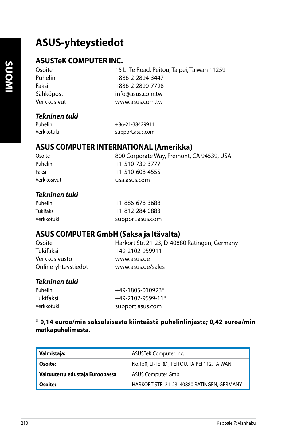 Norsk, Asus-yhteystiedot, Suomi | Asustek computer inc, Asus computer international �amerikka, Asus computer gmbh �saksa ja itävalta | Asus CM6340 User Manual | Page 212 / 352