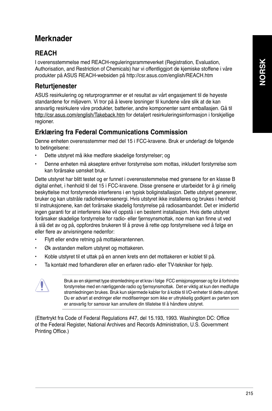 Merknader, Norsk, Reach | Returt�enester | Asus CM6340 User Manual | Page 217 / 352