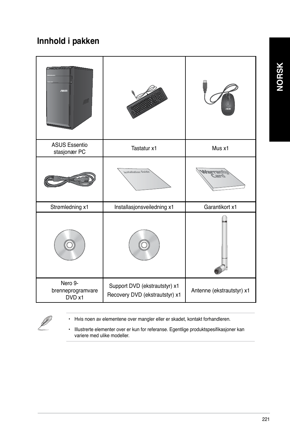 Innhold i pakken, Innhold.i.pakken, Norsk | Asus CM6340 User Manual | Page 223 / 352