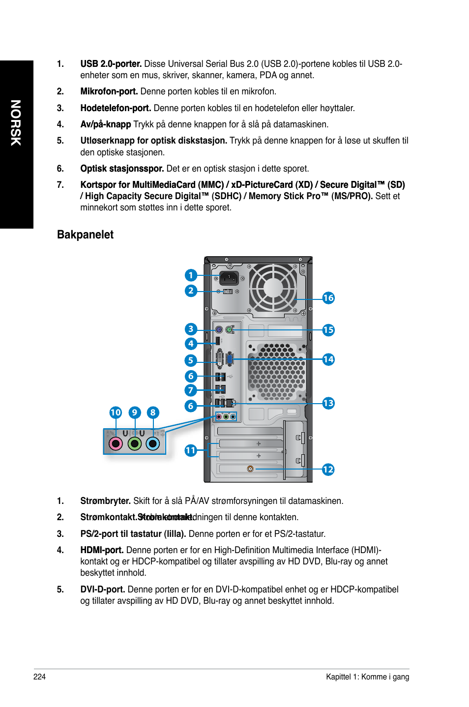 Norsk, Bakpanelet | Asus CM6340 User Manual | Page 226 / 352