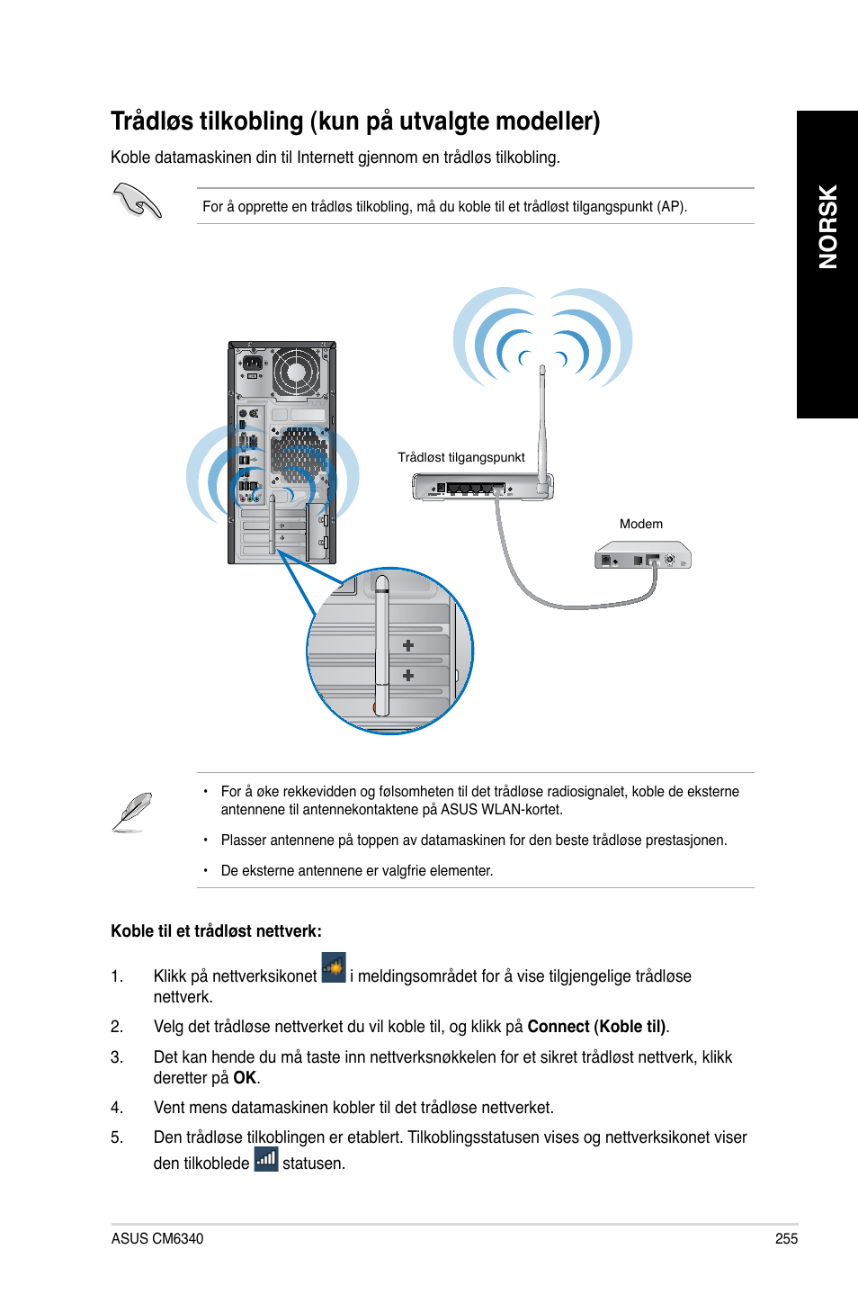 Trådløs tilkobling (kun på utvalgte modeller), Trådløs.tilkobling.(kun.på.utvalgte.modeller), Norsk | Asus CM6340 User Manual | Page 257 / 352