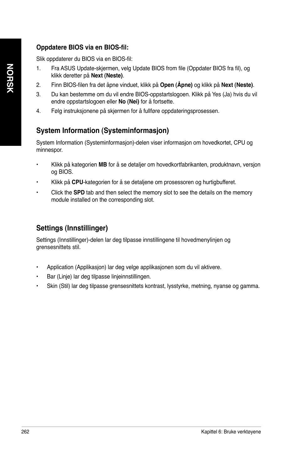 Norsk, Settings.(innstillinger), System.information.(systeminformas�on) | Asus CM6340 User Manual | Page 264 / 352