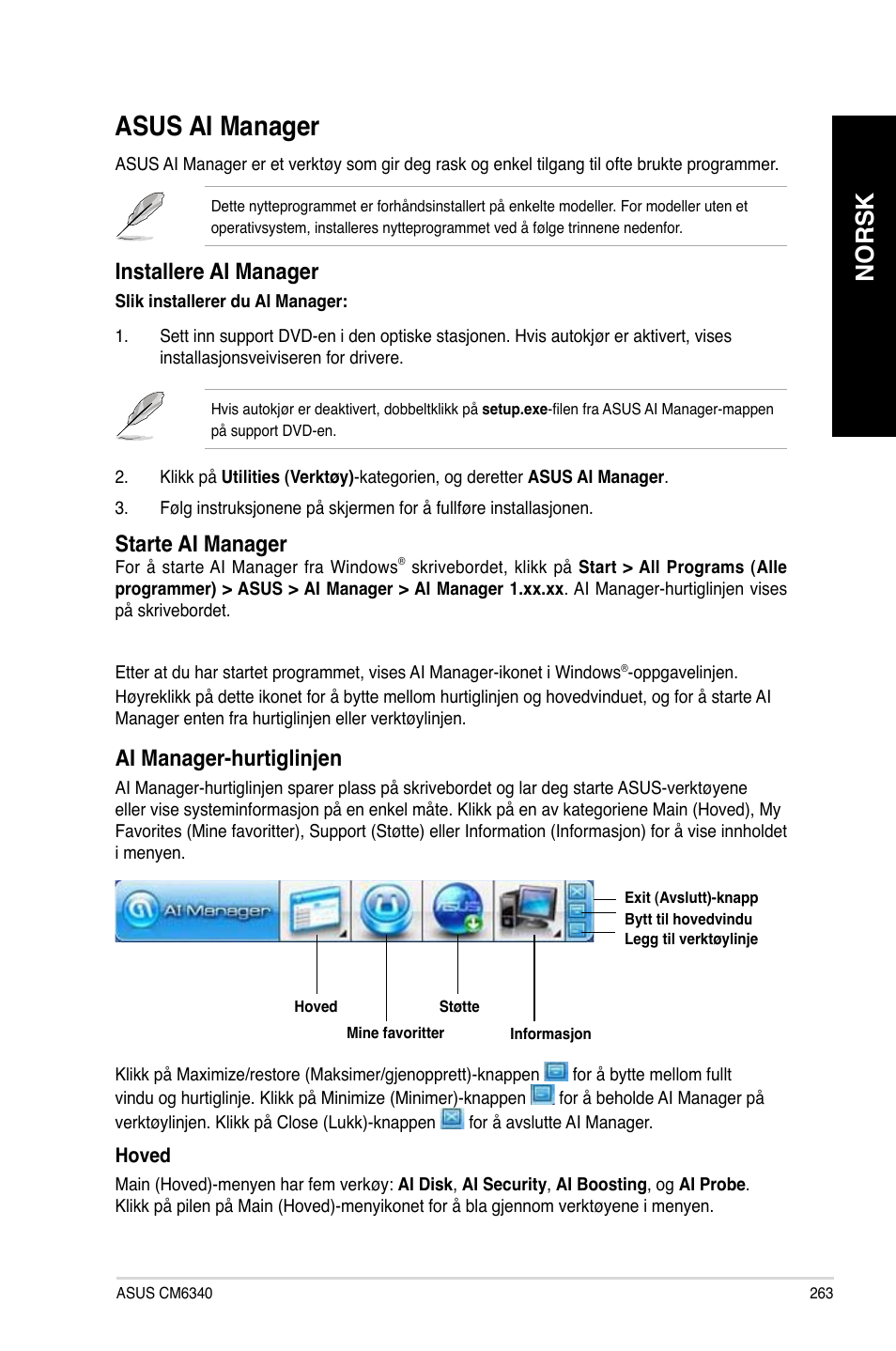 Asus ai manager, Asus.ai.manager, Norsk | Installere.ai.manager, Starte.ai.manager, Ai.manager-hurtiglin�en | Asus CM6340 User Manual | Page 265 / 352