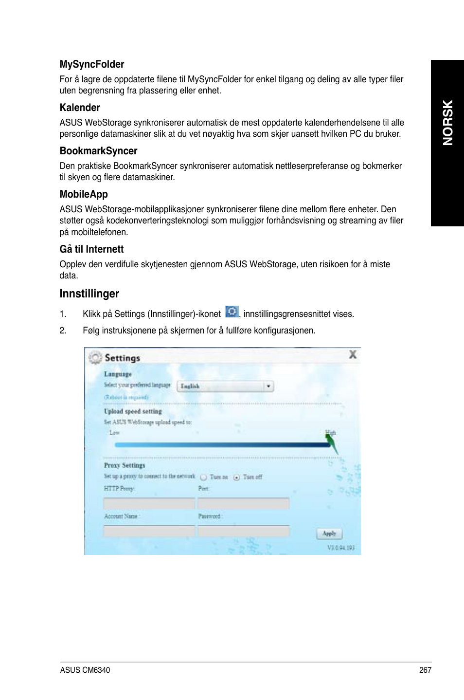 Norsk, Innstillinger | Asus CM6340 User Manual | Page 269 / 352