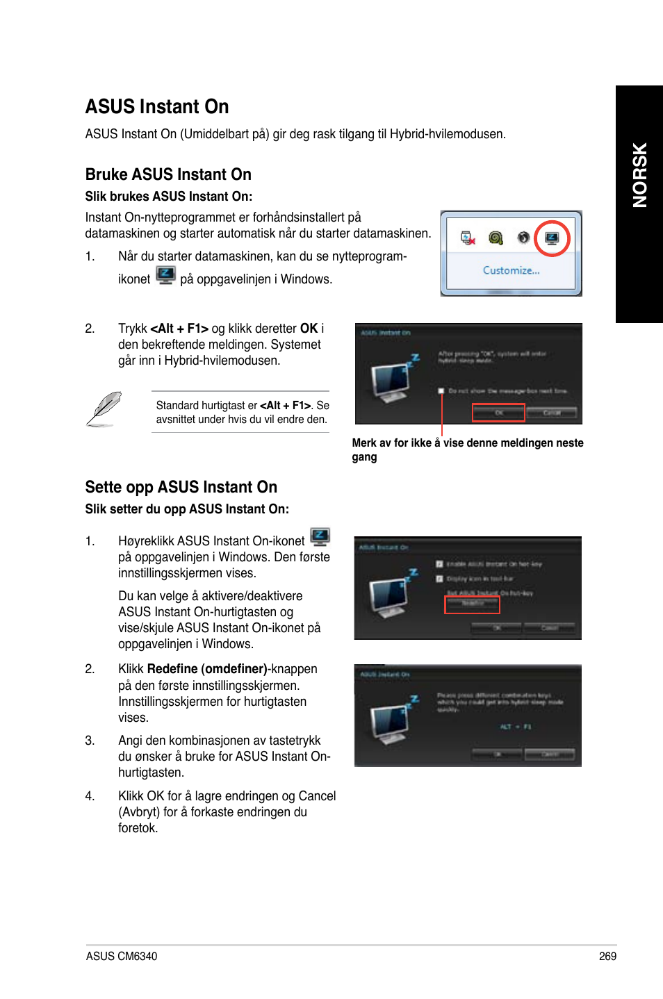 Asus instant on, Asus.instant.on, Norsk | Bruke.asus.instant.on, Sette.opp.asus.instant.on | Asus CM6340 User Manual | Page 271 / 352