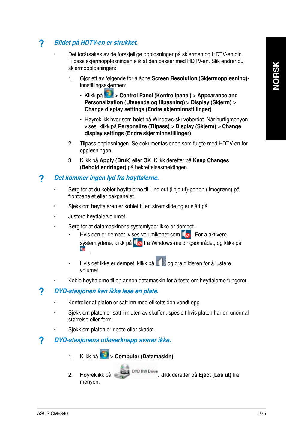 Norsk | Asus CM6340 User Manual | Page 277 / 352