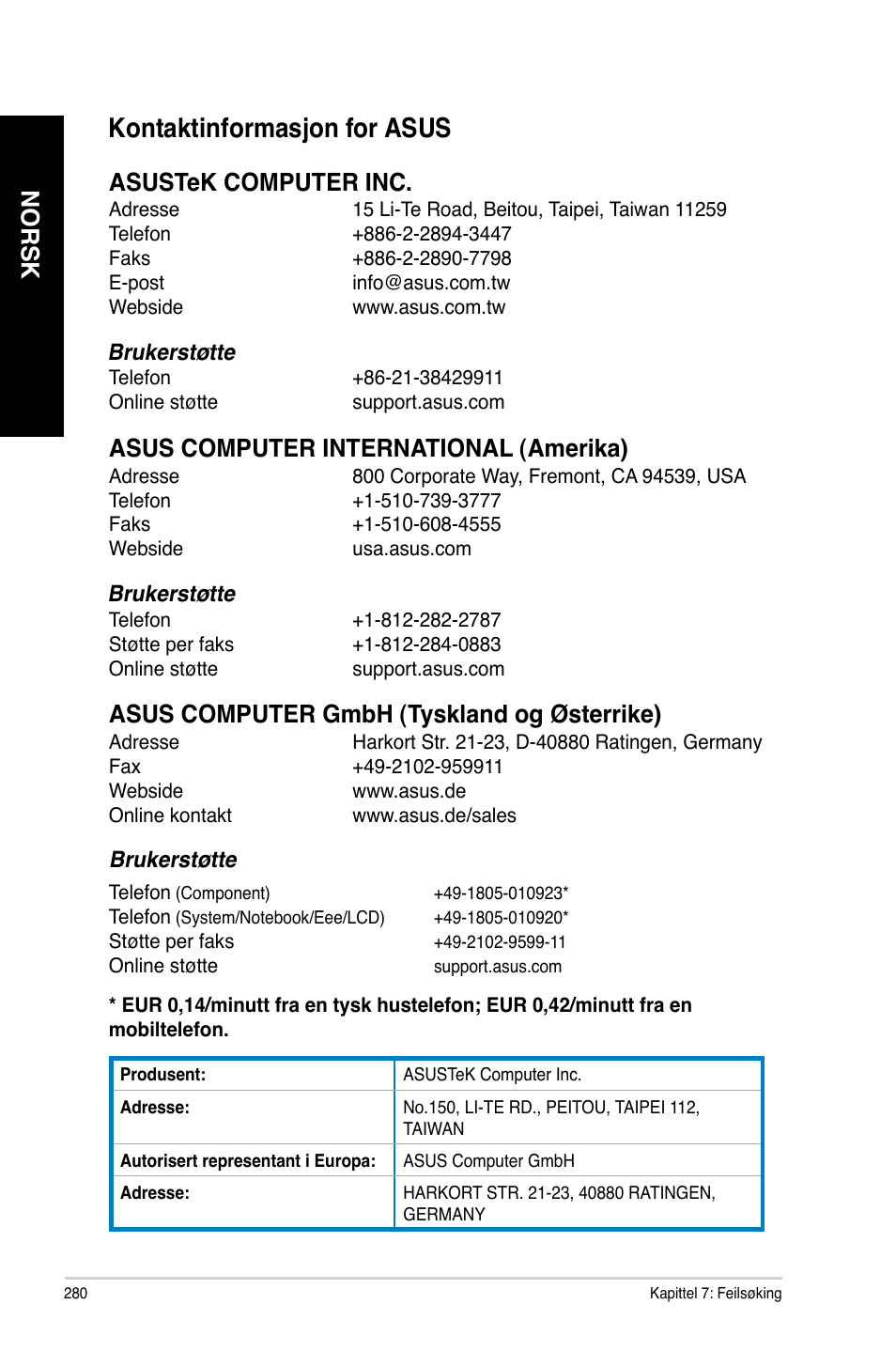 Kontaktinformasjon for asus, Svenska, Kontaktinformas�on.for.asus | Norsk | Asus CM6340 User Manual | Page 282 / 352