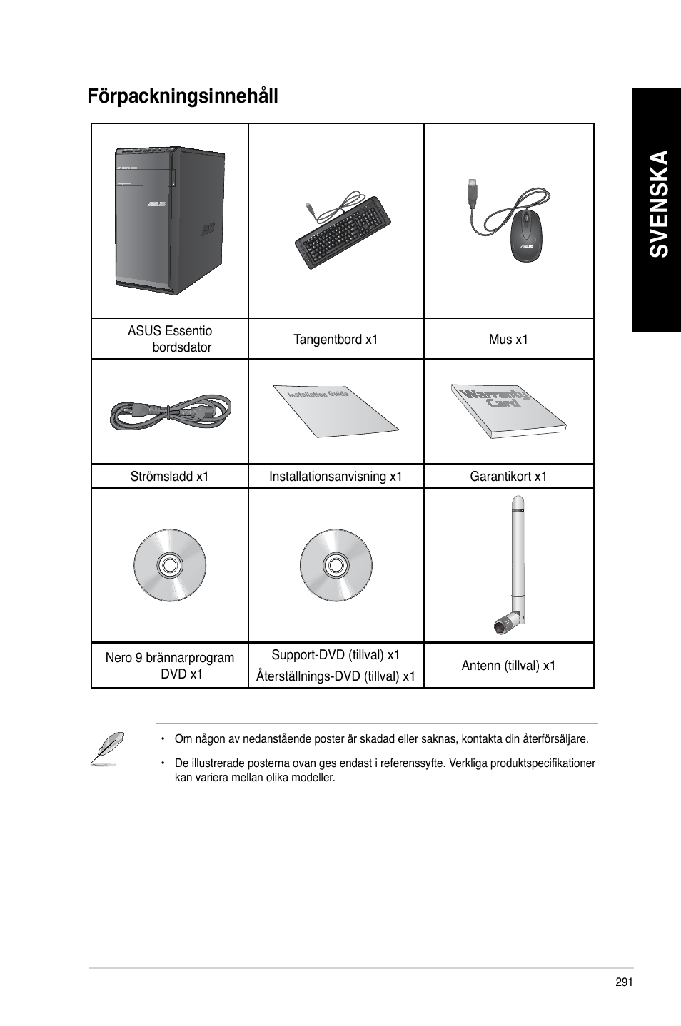 Förpackningsinnehåll, Sv en sk a sv en sk a sv en sk a sv en sk a | Asus CM6340 User Manual | Page 293 / 352