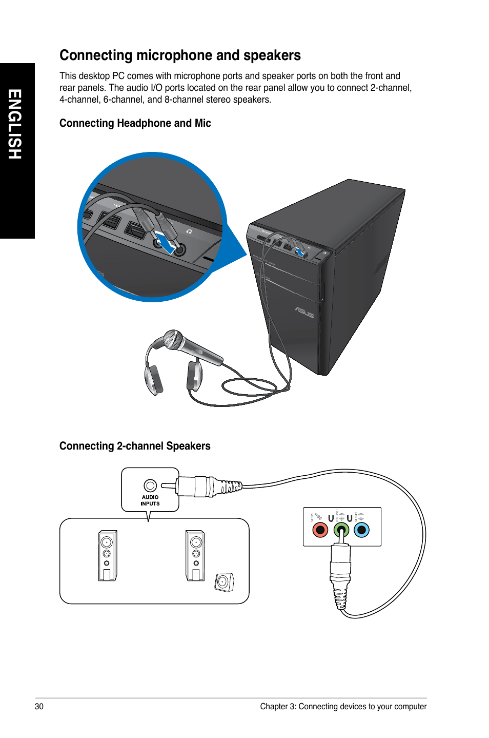 Connecting microphone and speakers, En gl is h en gl is h en gl is h en gl is h | Asus CM6340 User Manual | Page 32 / 352