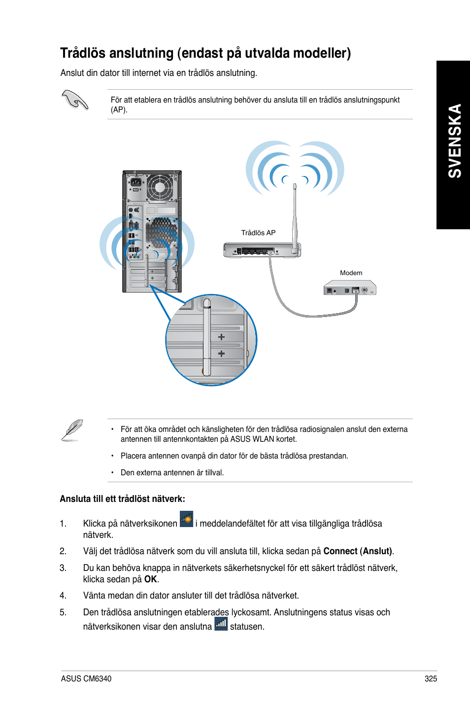 Trådlös anslutning (endast på utvalda modeller), Trådlös anslutning (endast på utvalda modeller) 5, Sv en sk a sv en sk a | Trådlös.anslutning.(endast.på.utvalda.modeller) | Asus CM6340 User Manual | Page 327 / 352