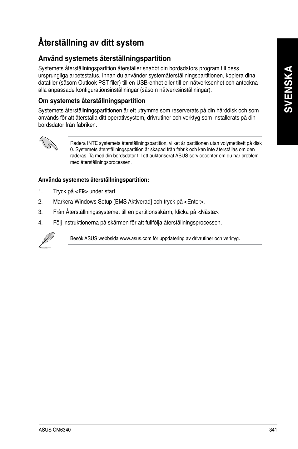 Återställning av ditt system, Sv en sk a sv en sk a, Återställning.av.ditt.system | Asus CM6340 User Manual | Page 343 / 352