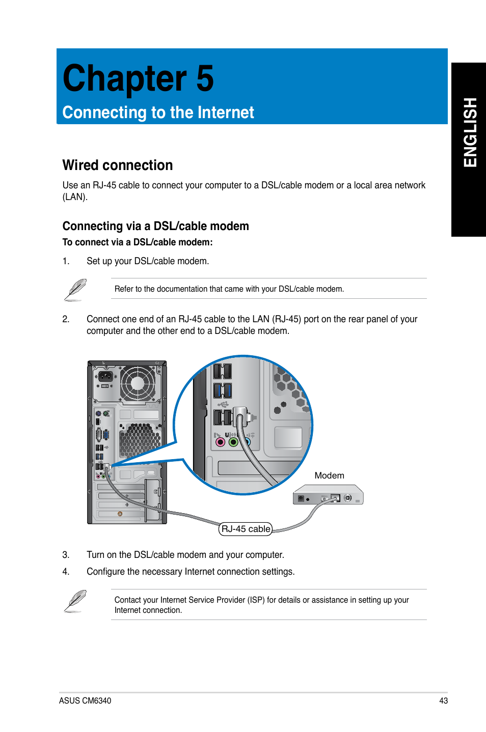 Chapter 5, Connecting to the internet, Wired connection | Chapter.5, Connecting.to.the.internet, En gl is h en gl is h | Asus CM6340 User Manual | Page 45 / 352