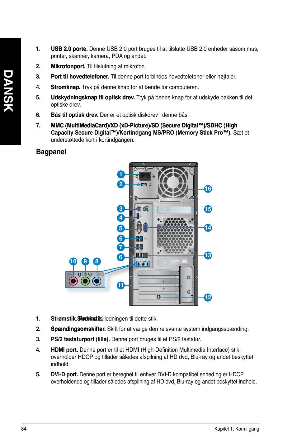 Dansk, Bagpanel | Asus CM6340 User Manual | Page 86 / 352