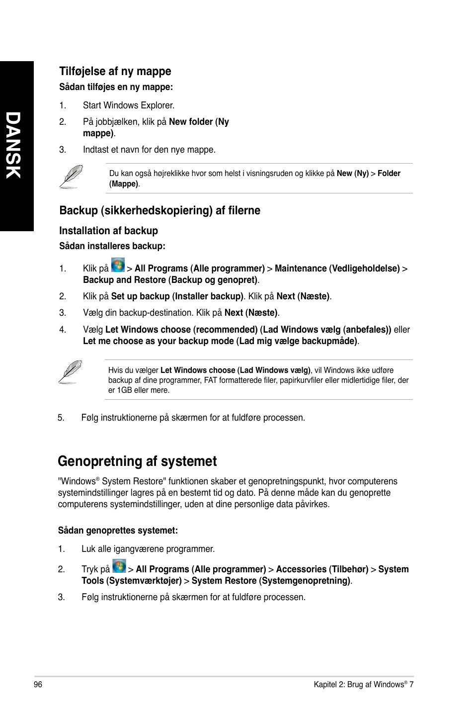 Genopretning af systemet, Dansk, Genopretning.af.systemet | Tilfø�else.af.ny.mappe, Backup (sikkerhedskopiering) af filerne | Asus CM6340 User Manual | Page 98 / 352