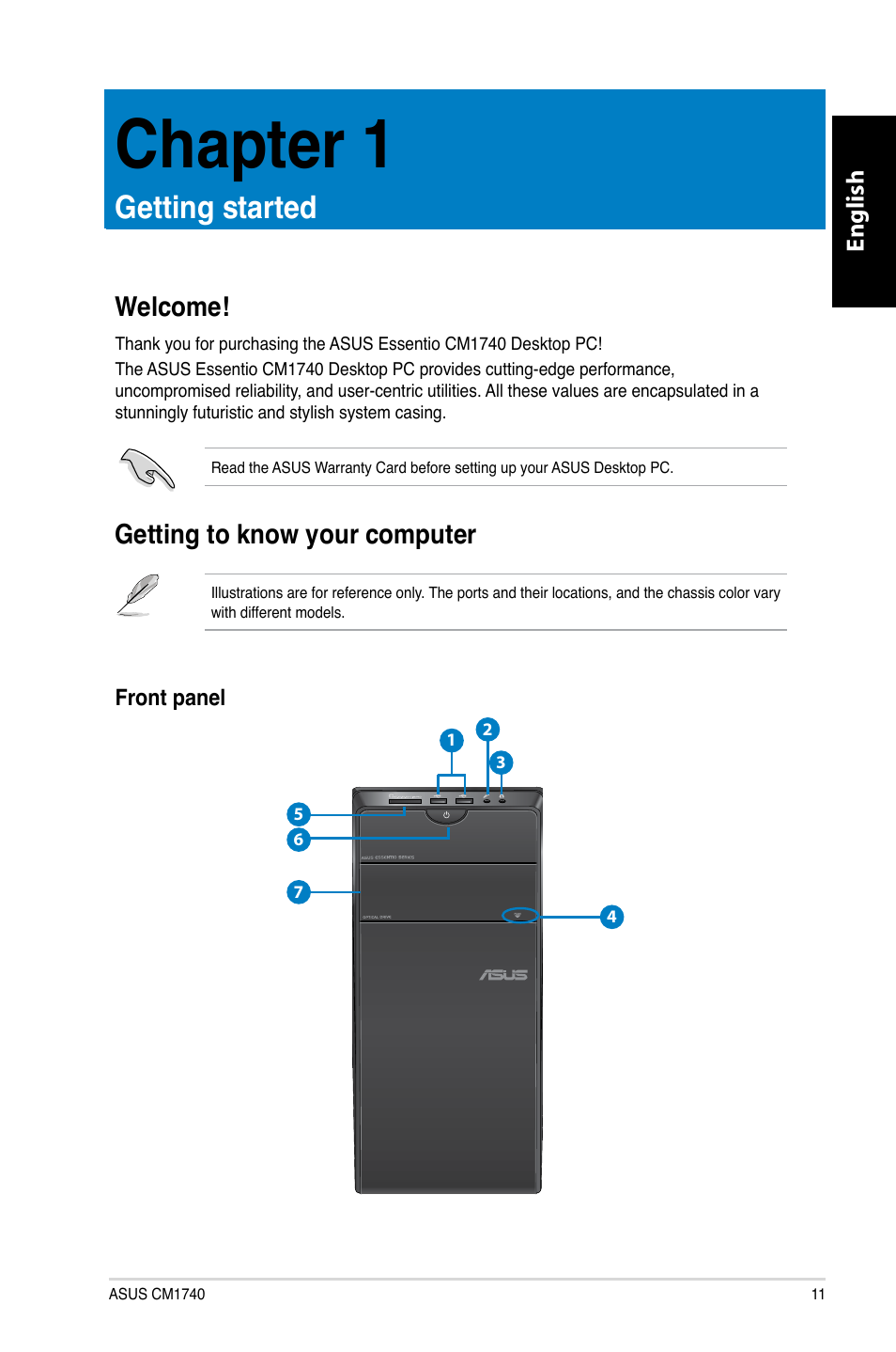 Chapter 1, Getting started, Welcome | Getting to know your computer, Welcome! getting to know your computer | Asus CM1740 User Manual | Page 11 / 330